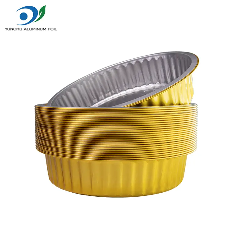 डिस्पोजेबल बार्बेक्युले गोल्डन राउन्ड एल्युमिनियम पन्नी कन्टेनरहरू