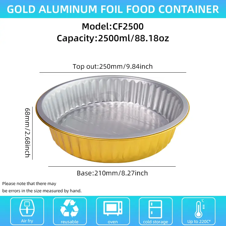 डिस्पोजेबल बार्बेक्युले गोल्डन राउन्ड एल्युमिनियम पन्नी कन्टेनरहरू