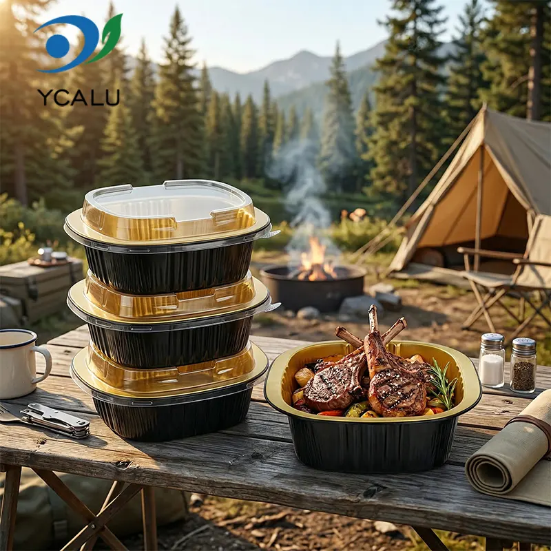 डिस्पोजेबल बाइनोरल स्क्वायर बक्स कालो सुन एल्युमिनियम पन्नी कन्टेनरहरू