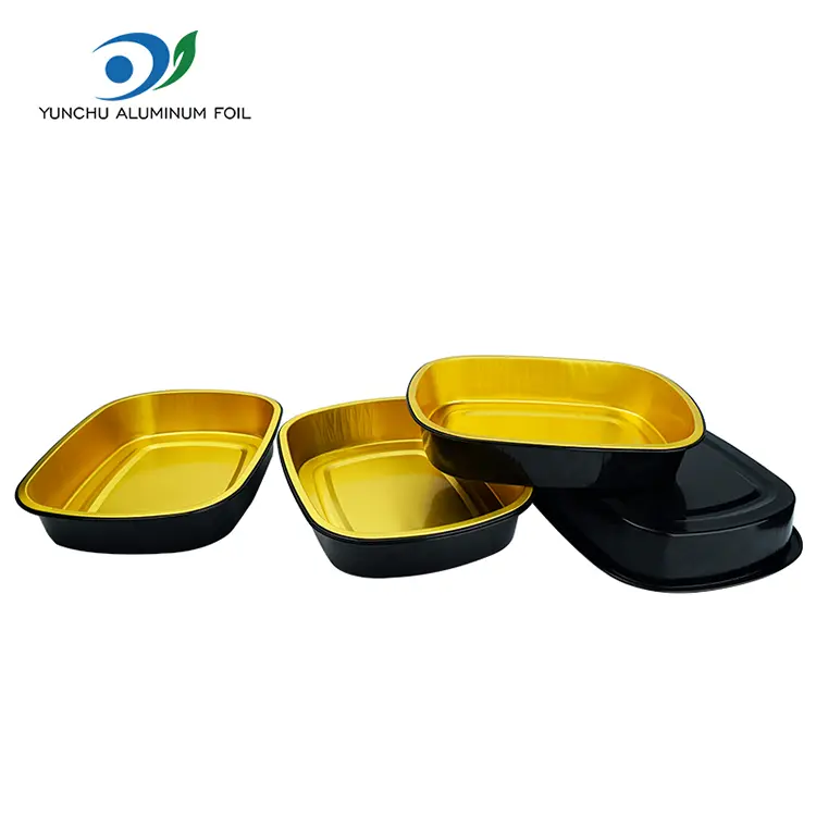 डिस्पोजेबल कालो गोल्ड बेकिंग ट्रे आयताकार एल्युमिनियम पन्नी कन्टेनरहरू