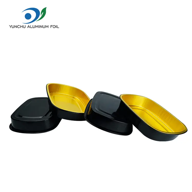 डिस्पोजेबल कालो गोल्ड बेकिंग ट्रे आयताकार एल्युमिनियम पन्नी कन्टेनरहरू