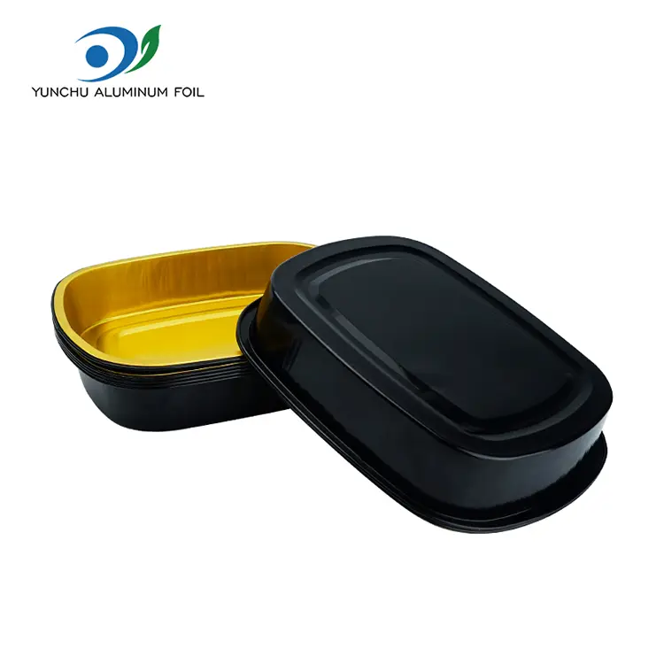डिस्पोजेबल कालो गोल्ड बेकिंग ट्रे आयताकार एल्युमिनियम पन्नी कन्टेनरहरू