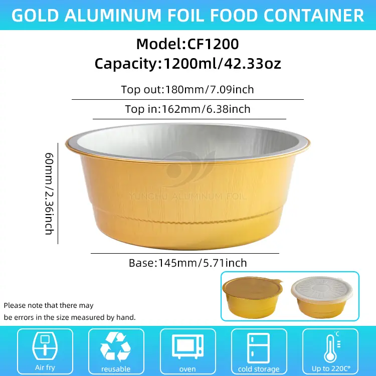 डिस्पोजेबल गोल्डेन राउन्ड एल्युमिनियम पन्नी कन्टेनरहरू
