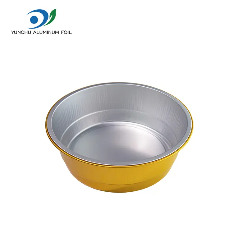 डिस्पोजेबल सील गरिएको सुनौलो राउन्ड एल्युमिनियम पन्नी कन्टेनरहरू डिस्पोजेबल सील गरिएको सुनौलो राउन्ड एल्युमिनियम पन्नी कन्टेनरहरू