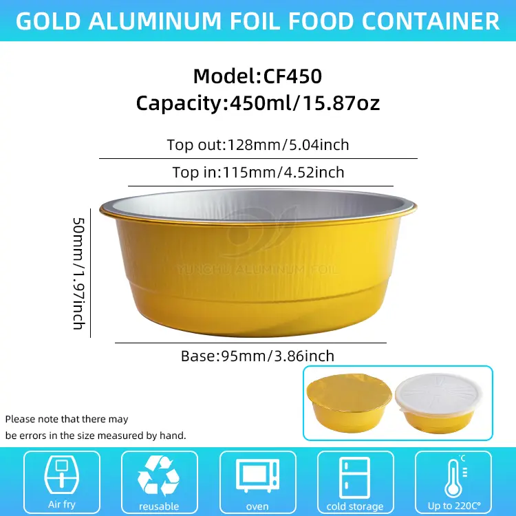 डिस्पोजेबल सील गरिएको सुनौलो राउन्ड एल्युमिनियम पन्नी कन्टेनरहरू