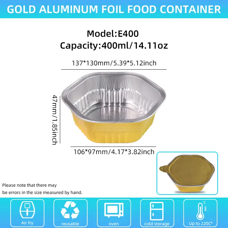 हेक्सानन टेकवे तट स्टिल स्टिल मजातली एलिमिनियम पन्नी कन्टेनरहरू